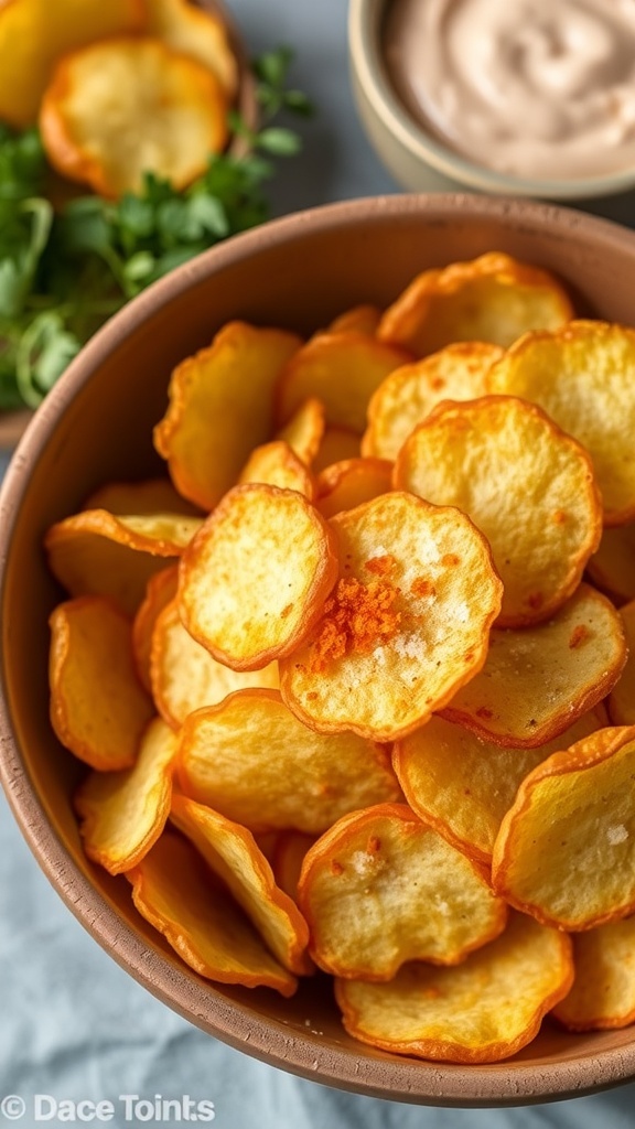 Homemade Potato Chips Recipe A bowl of golden homemade potato chips with seasoning, accompanied by a dip and herbs.
